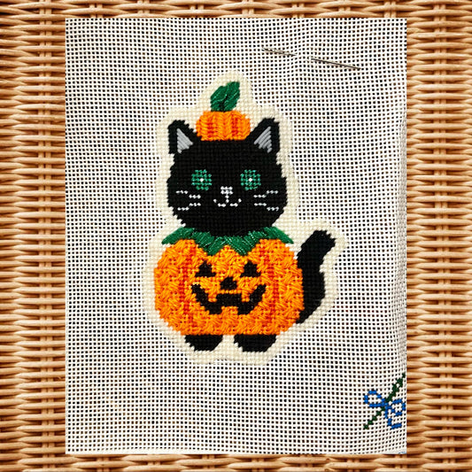 Pumpkin Kitty Needlepoint Canvas – Hand-Painted (13 Mesh)