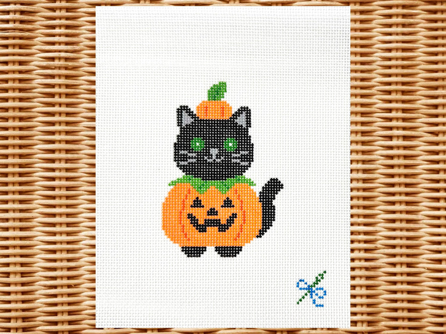 Pumpkin Kitty Needlepoint Canvas – Hand-Painted (13 Mesh)